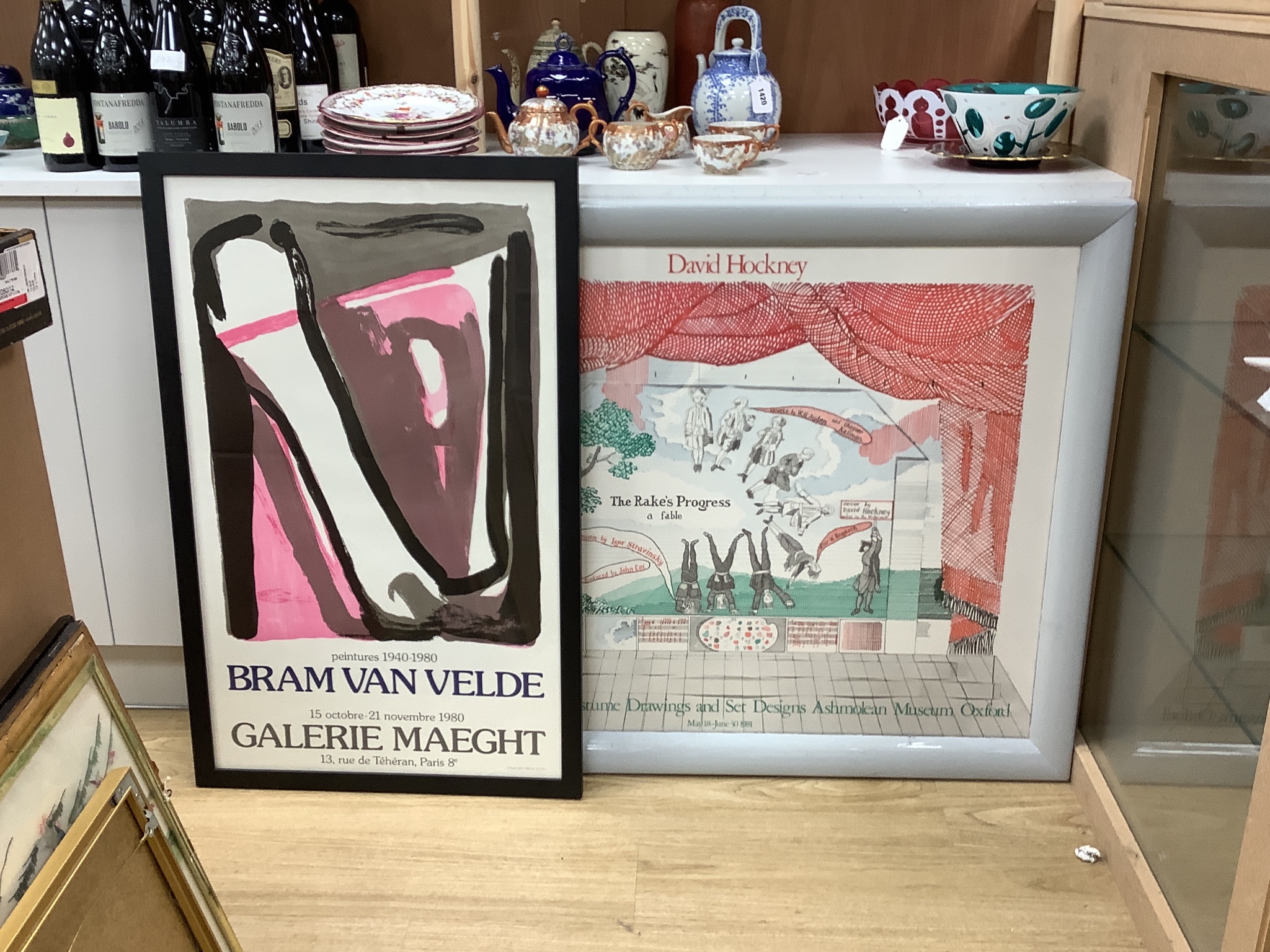 After David Hockney, Ashmolean Museum lithographic poster and a Bram Van Velde gallery lithographic poster 75x94cm & 67x52.5cm